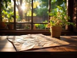 paper on the wooden table, real photography with smooth lighting and sun light AI generate photo
