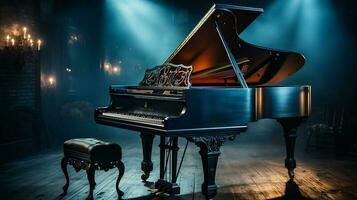 an old grand piano in the middle of dark blank room with god rays light it up AI generate photo