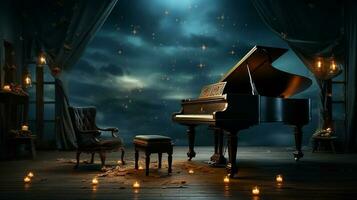 un antiguo grandioso piano en el medio de oscuro blanco habitación con Dios rayos ligero eso arriba ai generar foto