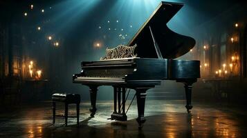 an old grand piano in the middle of dark blank room with god rays light it up AI generate photo