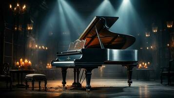 an old grand piano in the middle of dark blank room with god rays light it up AI generate photo