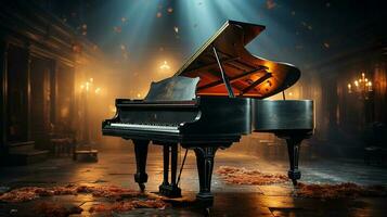 an old grand piano in the middle of dark blank room with god rays light it up AI generate photo