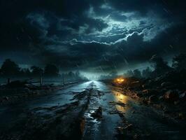 highway road in the night with heavy rain and lightning AI generative photo