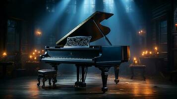 an old grand piano in the middle of dark blank room with god rays light it up AI generate photo