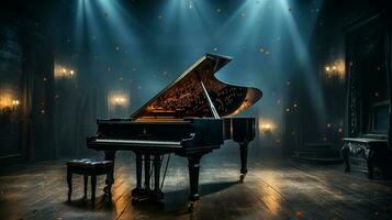 un antiguo grandioso piano en el medio de oscuro blanco habitación con Dios rayos ligero eso arriba ai generar foto