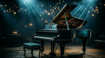 an old grand piano in the middle of dark blank room with god rays light it up AI generate photo