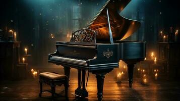 an old grand piano in the middle of dark blank room with god rays light it up AI generate photo