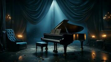 an old grand piano in the middle of dark blank room with god rays light it up AI generate photo