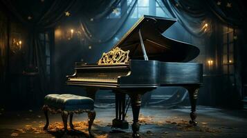 an old grand piano in the middle of dark blank room with god rays light it up AI generate photo