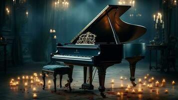 an old grand piano in the middle of dark blank room with god rays light it up AI generate photo