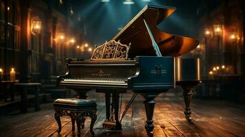 an old grand piano in the middle of dark blank room with god rays light it up AI generate photo