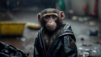 A monkey standing among the piles of plastic waste and the rain,Concept of saving the world. Generative AI. photo