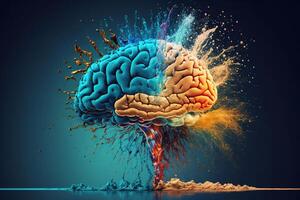 Fantasy art illustration of a human brain exploding with knowledge and creativity.3d rendering. Ai generative. photo