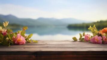 Empty wooden table decorated with colorful flowers, Blurred lagoon and mountain view, background, . photo