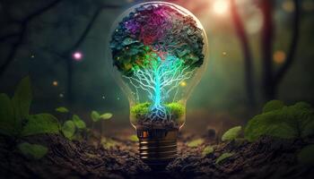 Tree growing in light bulb, sustainable energy saving and earth day environment concept, Generative AI. photo