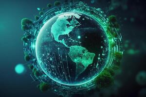 concept of saving the earth and energy Planet Earth with leaf texture and Milky Way as background with ecological connections.3d rendering. . photo