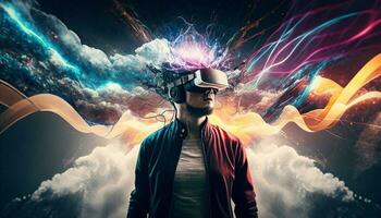 Young man using virtual reality headset.VR glasses, futuristict,echnology, online education, education,video game concept. Generative AI. photo