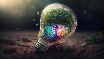 Tree growing in light bulb, sustainable energy saving and earth day environment concept, . photo