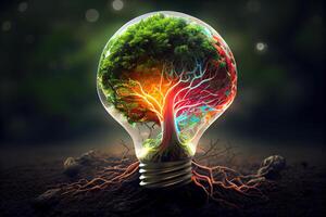 Tree growing in light bulb, sustainable energy saving and earth day environment concept.3D rendering. . photo