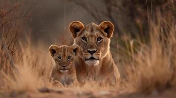 Lion and cub hunter love in Kruger NP South African. . photo