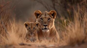 león y cachorro cazador amor en kruger notario público sur africano. generativo ai. foto