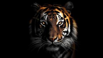 Tiger face on black background on empty space for text. Generative AI. photo