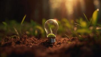 Light bulb on soil and nature background,Creative with inspiration,Innovative technology,Energy and environmental concepts. Generative Ai. photo