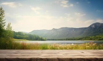 Empty wooden table decorated with meadow blurred lake and mountain view background. AI Generative. photo