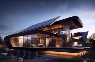 A mockup of a luxury house with solar panels and a shaded facade. AI Generative. photo