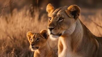 Lion and cub hunter love in Kruger NP South African. Generative AI. photo