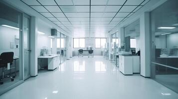 A long corridor in a hospital with various procedural rooms. . photo