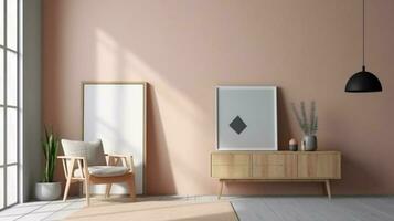 Stylish living room interior with comfortable sofa, Idea for home decor. Generative AI. photo
