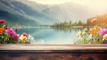 vacío de madera mesa decorado con vistoso flores, borroso laguna y montaña vista, fondo, ai generativo. foto