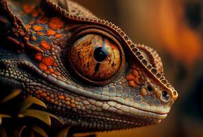 Orange-black chameleon close up. Generative AI. photo