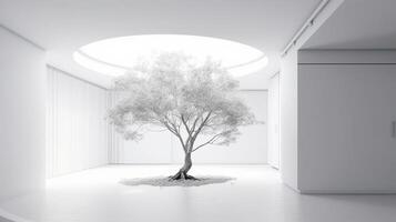 minimal white room with tree in room 3d illustration. . photo