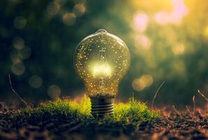 light bulb on soil and light bokeh background.Creative and inspiration.Innovative technology.Energy and environmental concepts. Generative Ai. photo