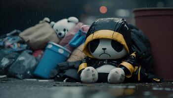 Panda sleeping in a black trash bag Among the piles of plastic waste and the rain, the concept of saving the planet. . photo