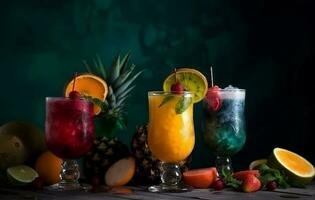 Set of delicious juices and fruits Summer fruits are ready to serve. AI Generative. photo