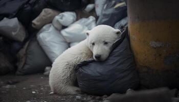 A white bear sleeps next to a pile of garbage among a pile of plastic waste, Concept of saving the world. Generative AI. photo