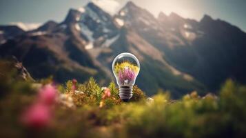 Light bulb on soil and nature background,Creative with inspiration,Innovative technology,Energy and environmental concepts. Generative Ai. photo