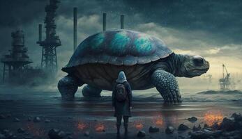 turtle standing looking at toxic fumes from a petrochemical refinery at sunrise. Generative AI. photo