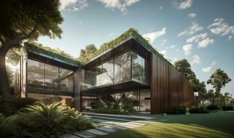 A mockup of a luxury house with solar panels and a shaded facade. AI Generative. photo