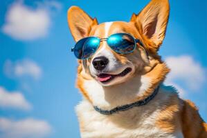 Stylish dog wearing funny sunglasses on sky or illuminated background. Summer vacation concept. . photo