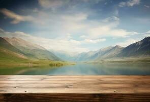 Empty wooden table decorated with meadow blurred lake and mountain view background. AI Generative. photo