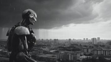 The robot stands with its back looking at the city. with a sky with colorful thunderstorms and lightnings.. photo