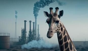 Giraffe standing in front Toxic mass from a chemical plant. Generative AI. photo