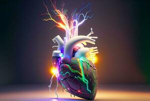 humano corazón, digital tecnología en medicina, 3d ilustración en vistoso antecedentes. generativo ai. foto