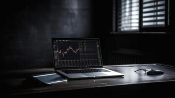 Forex Stock Chart and Laptop for trading forein exchange. Generative Ai. photo