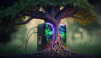 Beautiful illustration of the symbolic magic tree of life.The EV charging station explodes with colorful tree roots. Generative AI. photo