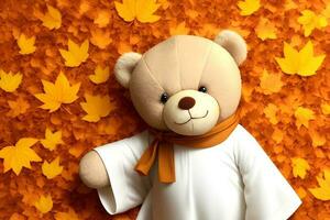 Teddy bear with autumn leaves. cute teddy bear and yellow leaves background. Autumn concept photo
